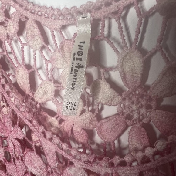INDIA Tank Top Womens One Size Pink Crochet Fringe Floral Boho Festival Cropped - Picture 5 of 13